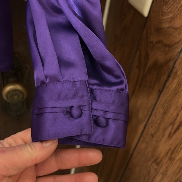 Vintage '80's Tan F Jay Tuxedo Pleated Button Down Blouse w/Shoulder Pads Sz 8 - Picture 4 of 9